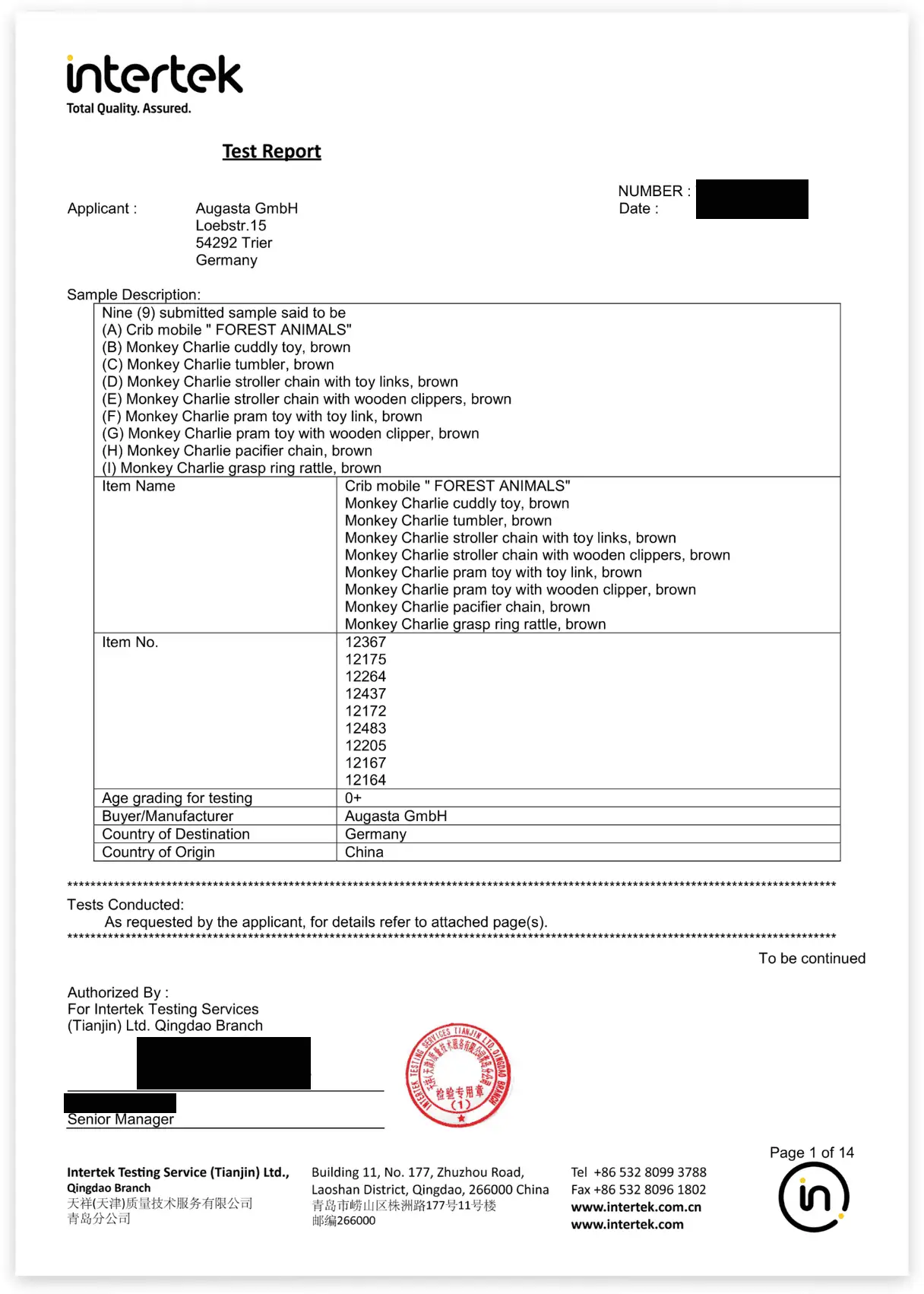 Intertek Test Report (Deckblatt) zu EN 71 Prüfungen für SindiBaba Produkte (Details geschwärzt).