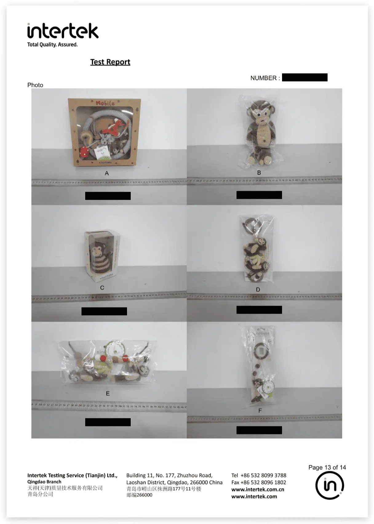 Intertek Test Report: Produktfoto-Übersicht der geprüften SindiBaba Artikel (Details geschwärzt).