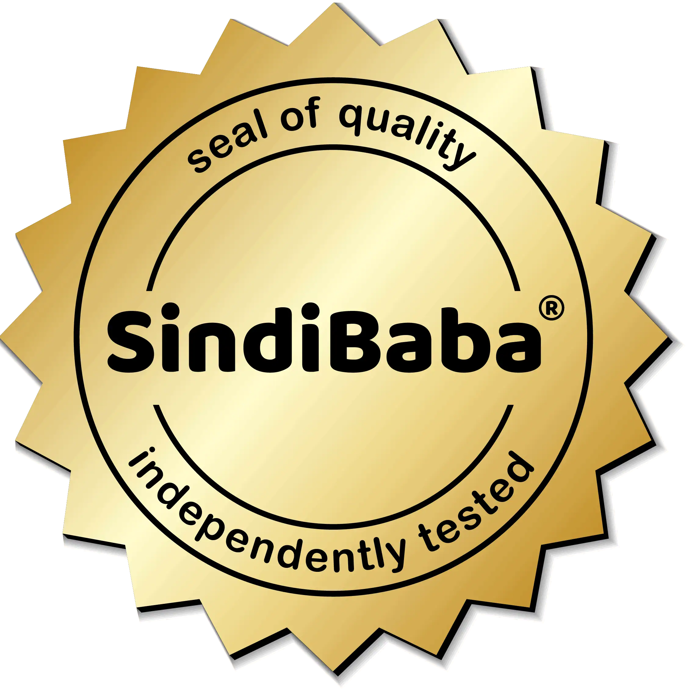 SindiBaba Qualitätssiegel (goldenes Rundsiegel) mit Text ‚Seal of Quality‘ und ‚Independently tested‘.